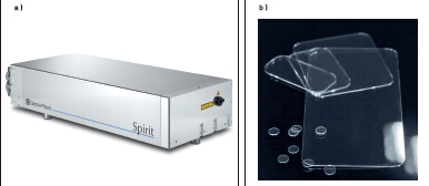 圖1：Spirit 1040-IMC 激光器（a）具備高重複率的工業(ye) 飛秒激光器，平均功率高達16瓦，是進行 ClearShape加工（b）的理想之選。