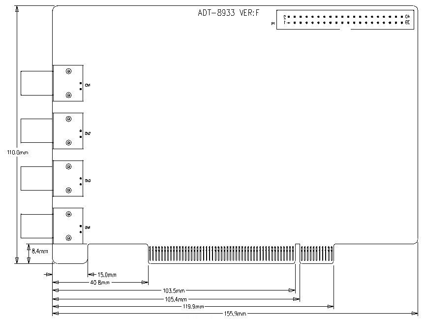 ADT-8933 PCI總線三軸運動+激光雕刻打標控製卡外觀尺寸圖
