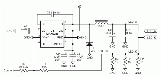 基於(yu) 固定頻率、高集成度PWM開關(guan) 轉換器MAX5035的高亮度LED電源原理圖